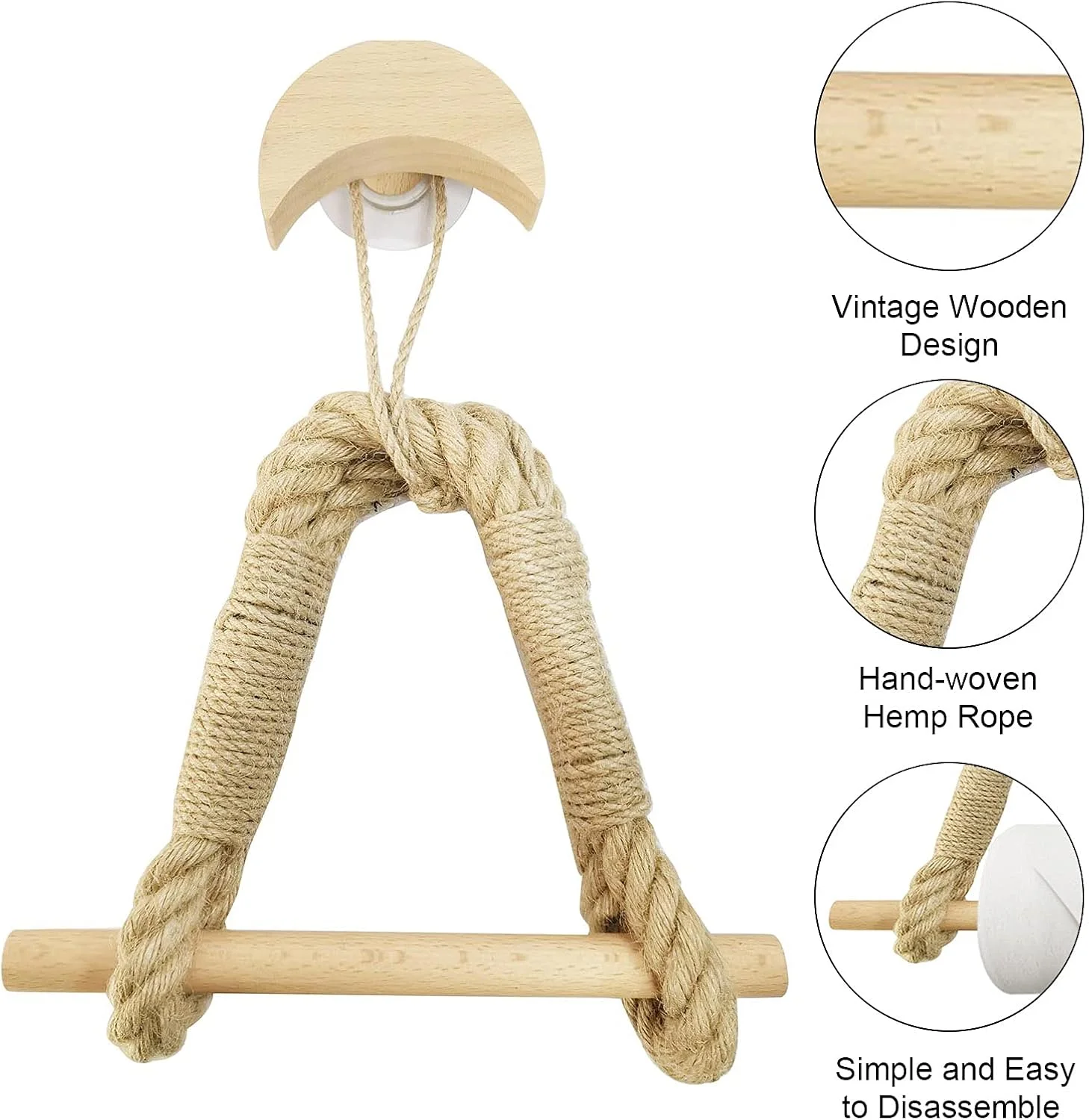جا دستمال کاغذی چوبی طنابی وینتیج Labymos، جا حوله ای، جا دستمال توالت، مناسب برای تزئین سرویس بهداشتی و حمام، طناب صنعتی