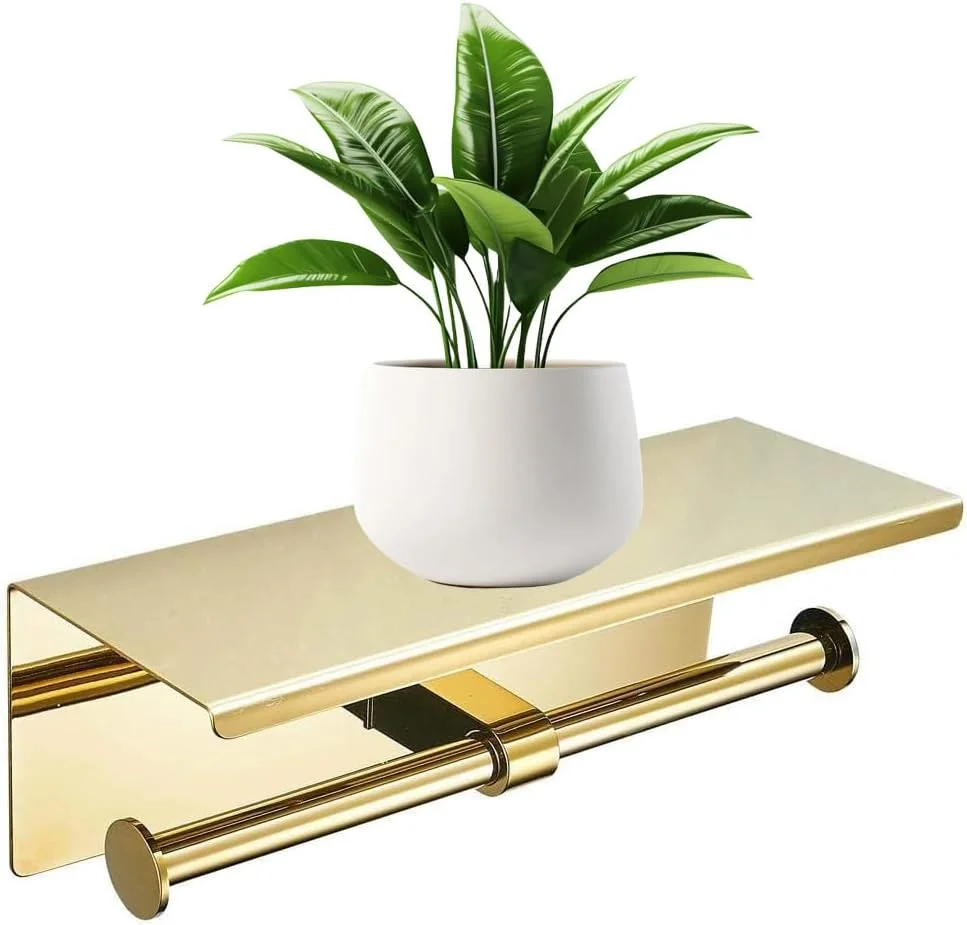 نگهدارنده دو قلو دستمال توالت KWQKEM با قفسه تلفن، جای دستمال کاغذی دو رول، نصب دیواری، استیل ضد زنگ تجاری SUS304، نگهدارنده رول، لوازم جانبی جالب حمام (طلایی)