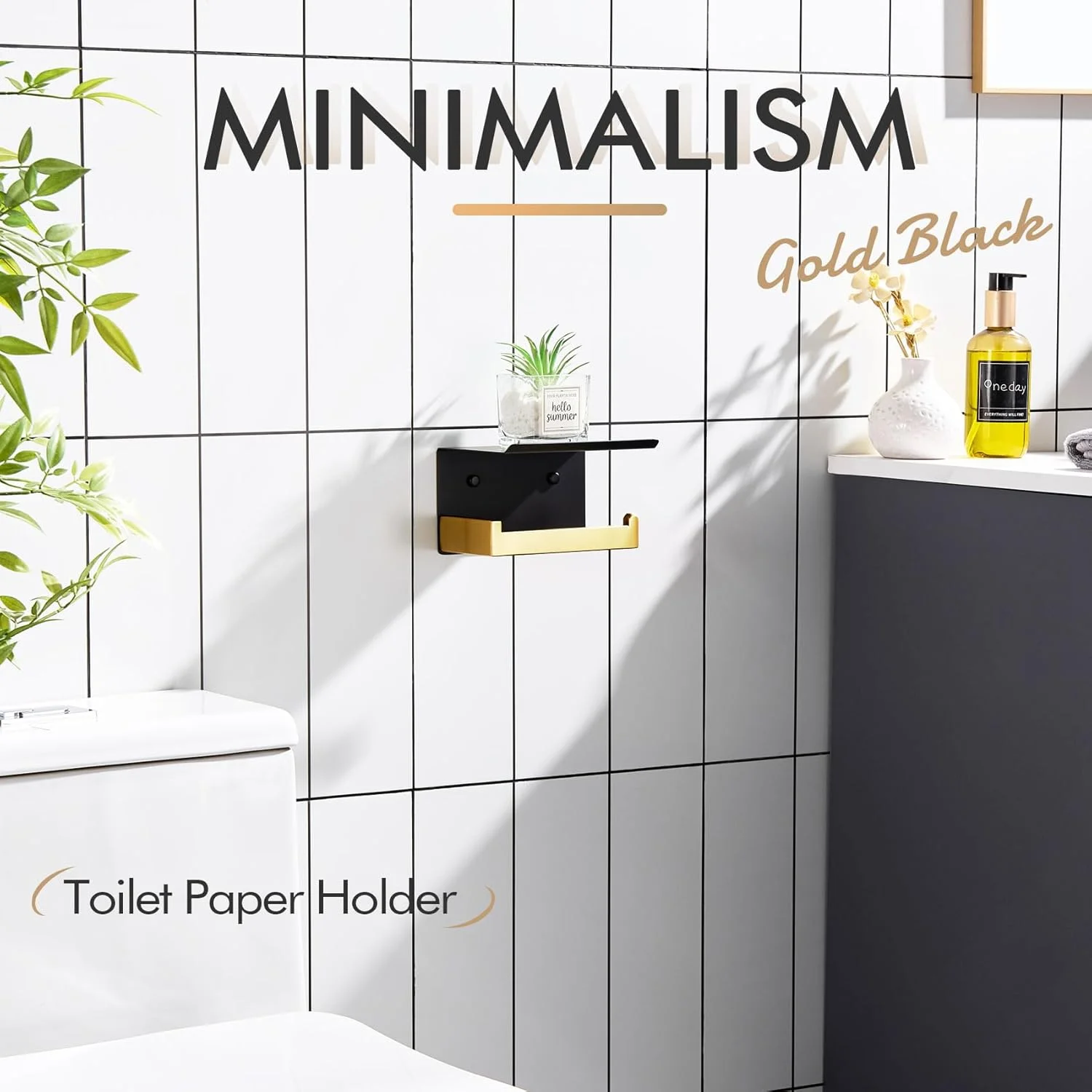 جا دستمال کاغذی توالت KOKOSIRI با قفسه، جا دستمال رولی دیواری، استیل ضد زنگ T-304، مشکی مات و طلایی B2010GDK