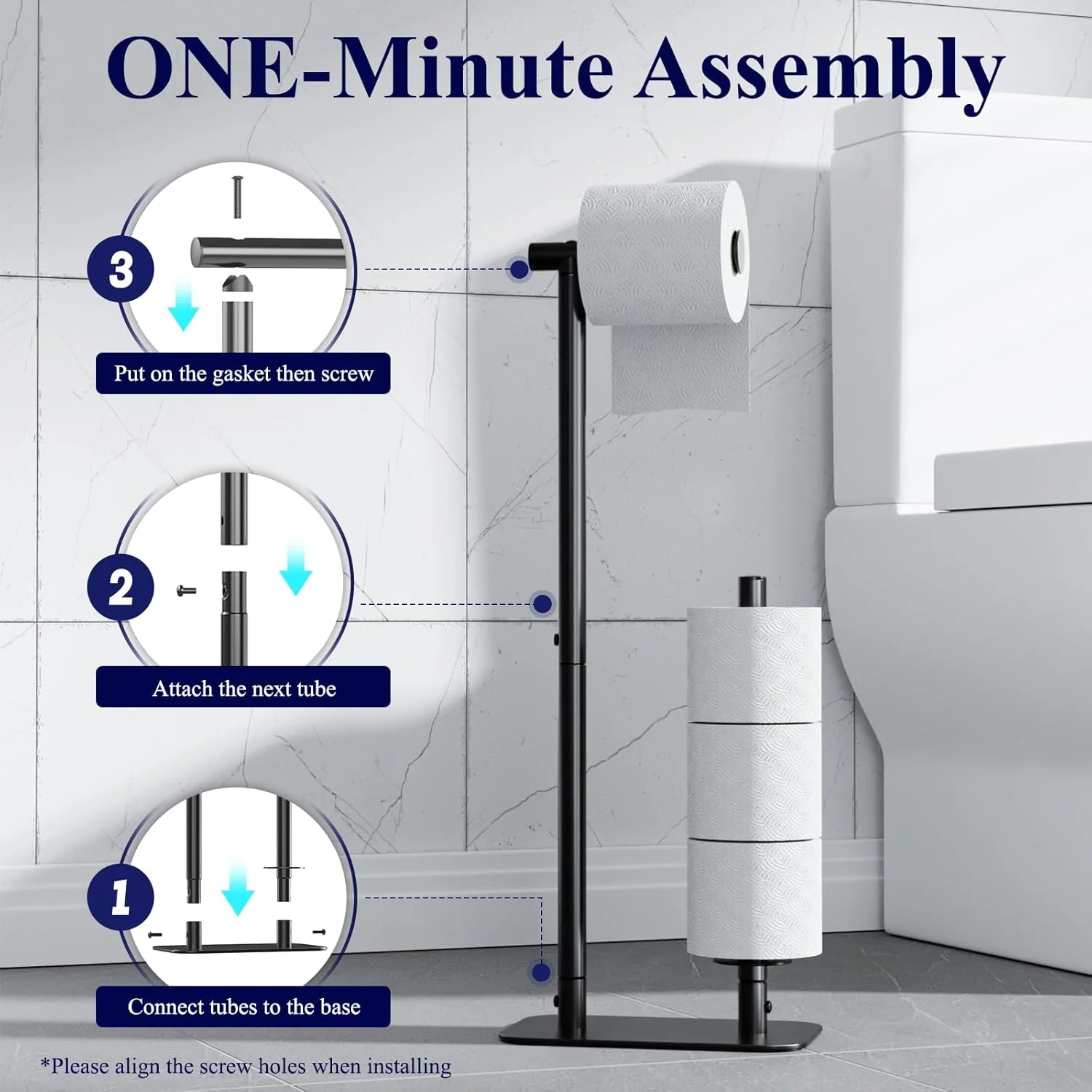 جا دستمال توالت ایستاده کیتسور - جا دستمال کاغذی با ظرفیت بزرگ برای 4 رول، پایه دستمال توالت ضد زنگ با پایه ثابت ضد لغزش، مشکی، 62x23.6x14 سانتیمتر