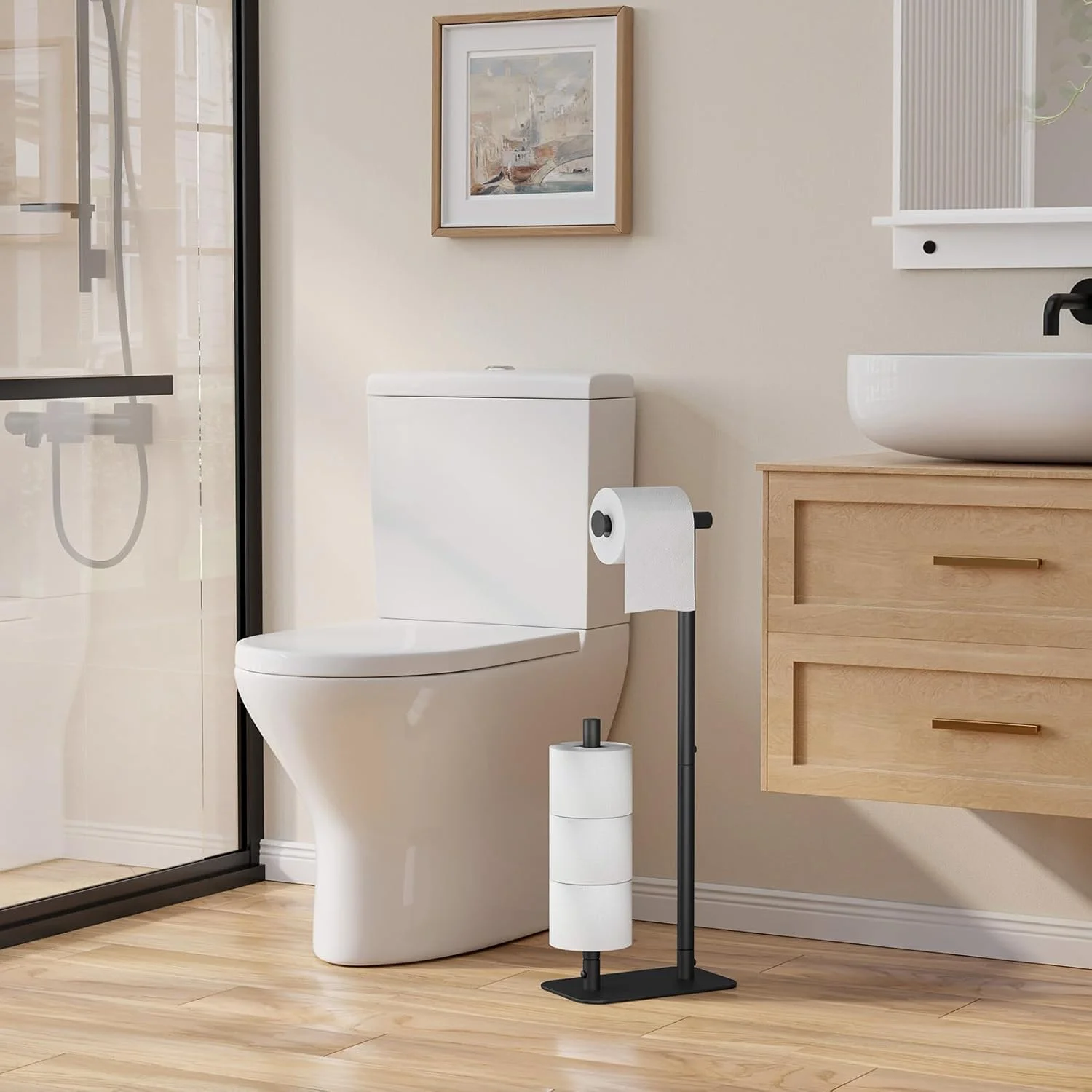 جا دستمال توالت ایستاده کیتسور - جا دستمال کاغذی با ظرفیت بزرگ برای 4 رول، پایه دستمال توالت ضد زنگ با پایه ثابت ضد لغزش، مشکی، 62x23.6x14 سانتیمتر