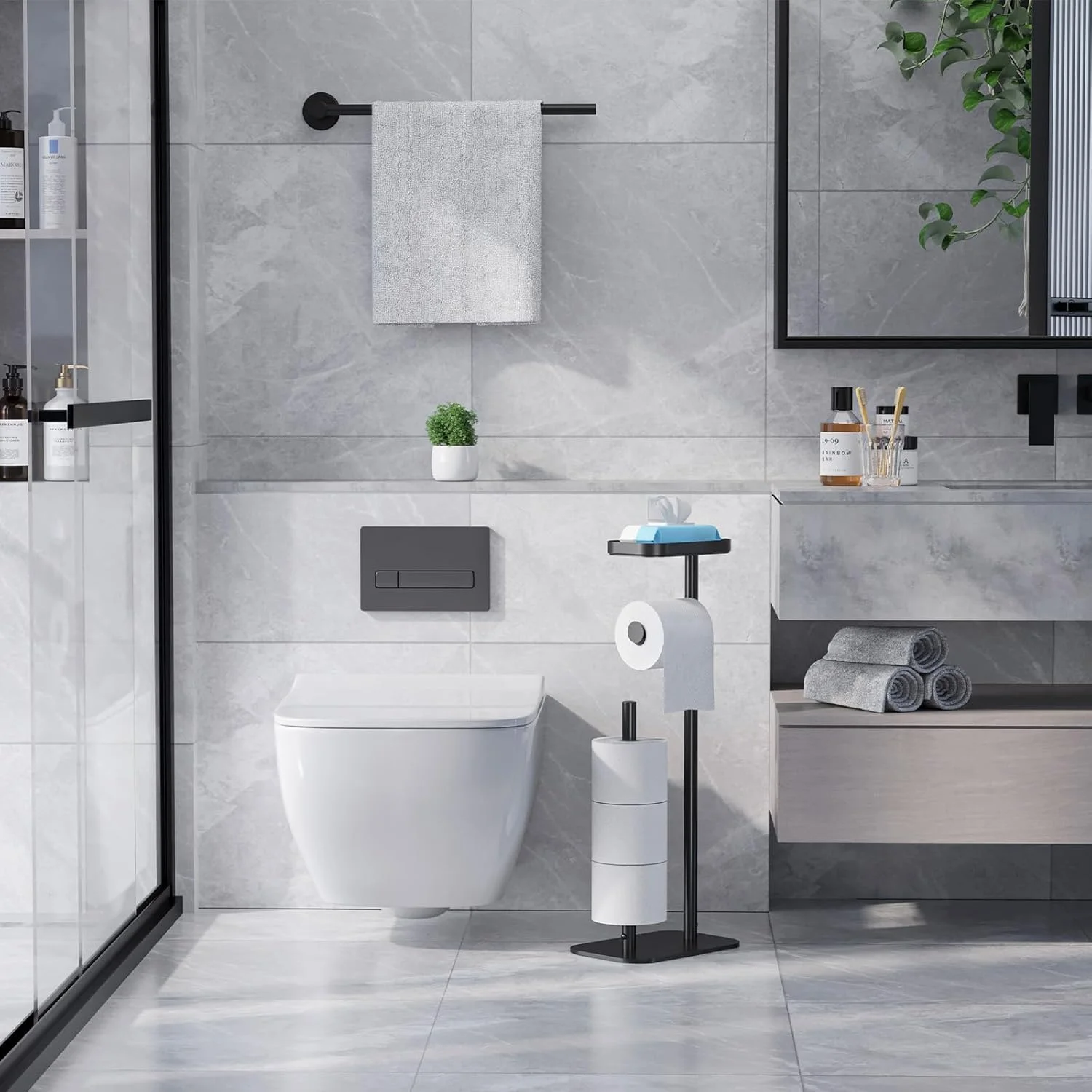 جا دستمال کاغذی ایستاده Kitsure - چند منظوره و ضد زنگ، پایه نگهدارنده دستمال توالت برای 4 رول، جا دستمال کاغذی مشکی ضد لغزش با قفسه برای تلفن و وسایل کوچک