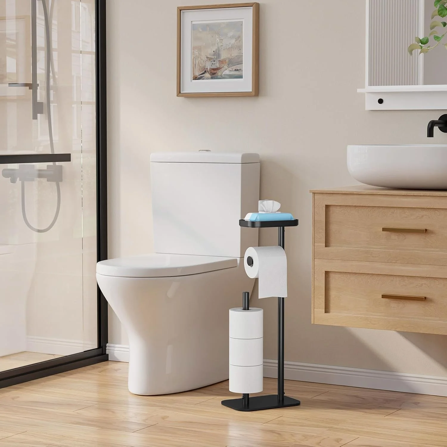 جا دستمال کاغذی ایستاده Kitsure - چند منظوره و ضد زنگ، پایه نگهدارنده دستمال توالت برای 4 رول، جا دستمال کاغذی مشکی ضد لغزش با قفسه برای تلفن و وسایل کوچک