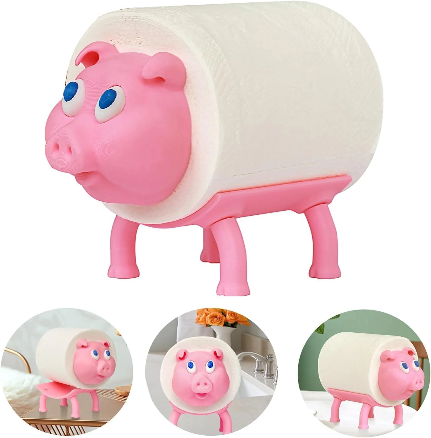 نگهدارنده رول آشپزخانه، نگهدارنده دستمال توالت، نگهدارنده رول آشپزخانه، نگهدارنده ذخیره سازی، ایستاده، بدون نیاز به سوراخکاری، زیبا (خوک صورتی)