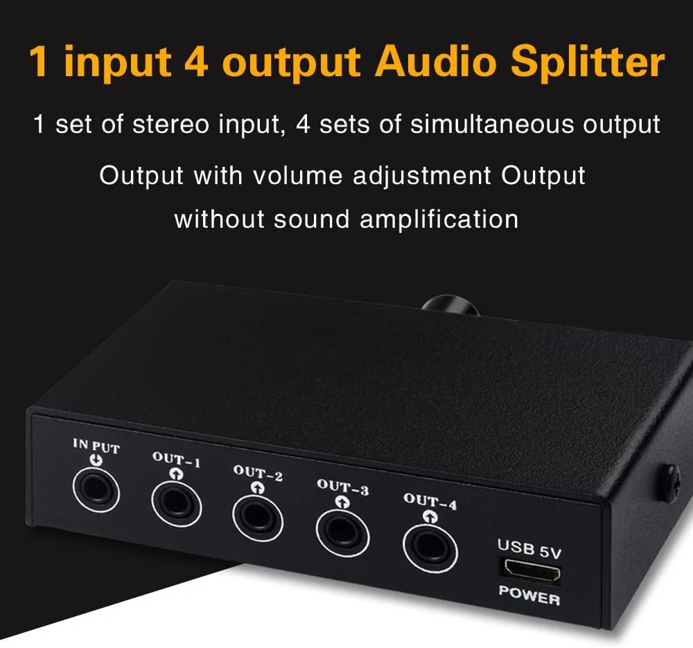 توزیع کننده سیگنال صوتی 1 ورودی 4 خروجی استریو، تقسیم کننده منبع بدون افت کیفیت، خروجی USB با توان 5 ولت، رابط 3.5 میلی متری توزیع کننده سیگنال صوتی 1 ورودی 4 خروجی استریو، تقسیم کننده منبع بدون افت کیفیت، خروجی USB با توان 5 ولت، رابط 3.5 میلی متری