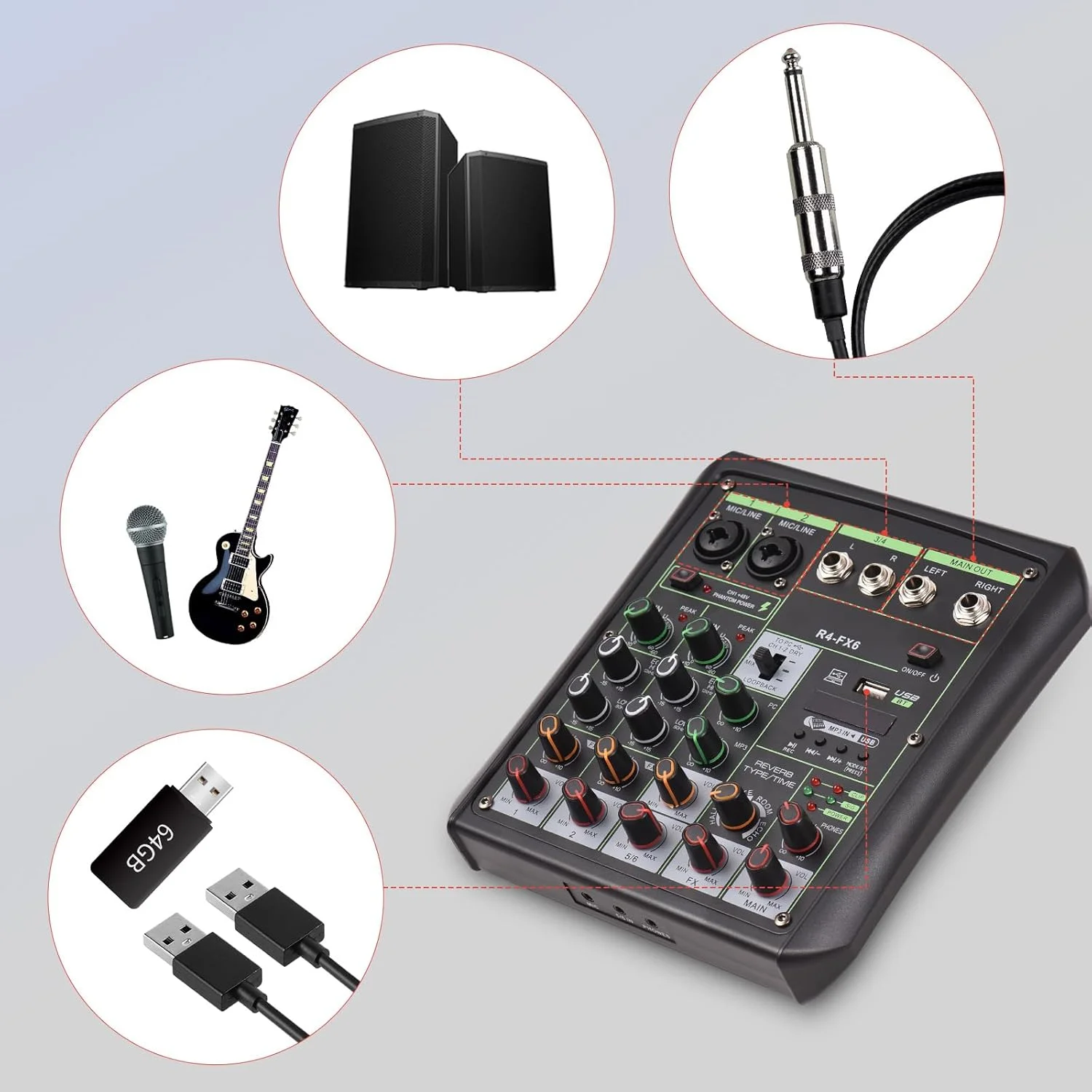 میکسر صوتی 6 کاناله Labymos با فانتوم پاور 48 ولت، کنسول میکس OTG، پخش کننده USB MP3 با کنسول صوتی BT برای سینمای خانگی، رابط صوتی کامپیوتر میکسر صوتی 6 کاناله Labymos با فانتوم پاور 48 ولت، کنسول میکس OTG، پخش کننده USB MP3 با کنسول صوتی BT برای سینمای خانگی، رابط صوتی کامپیوتر