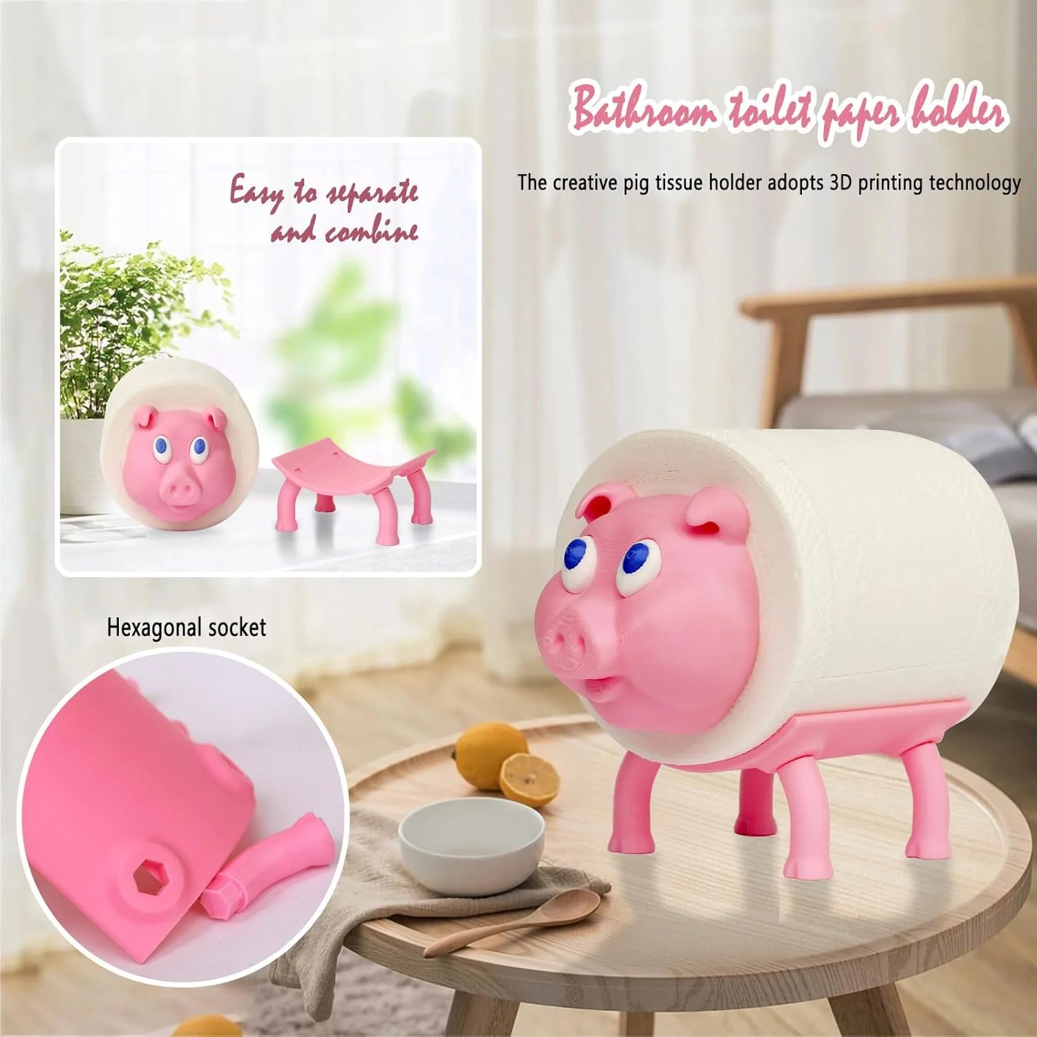 نگهدارنده رول آشپزخانه، نگهدارنده دستمال توالت، نگهدارنده رول آشپزخانه، نگهدارنده ذخیره سازی، ایستاده، بدون نیاز به سوراخکاری، زیبا (خوک صورتی)
