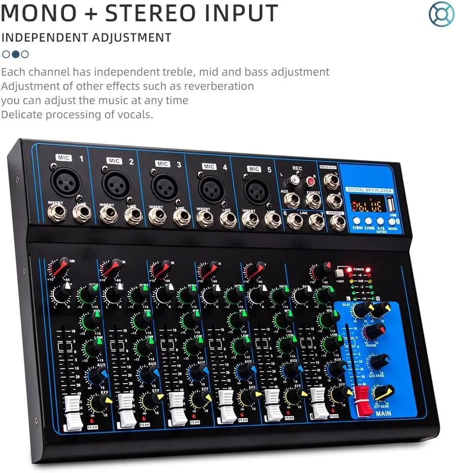 میکسر صدای قابل حمل Labymos 7 کانال با USB DJ SoundF7، کنسول میکس MP3 جک 48 ولت برای کامپیوتر، میکسرهای 7 کاناله برای استودیو میکسر صدای قابل حمل Labymos 7 کانال با USB DJ SoundF7، کنسول میکس MP3 جک 48 ولت برای کامپیوتر، میکسرهای 7 کاناله برای استودیو