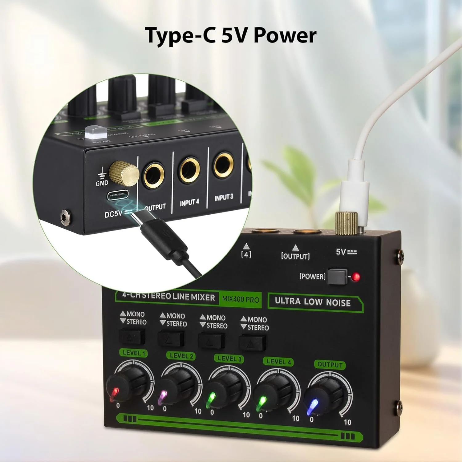 میکسر صوتی 4 کانال استریو مونو با سوئیچینگ 6.35 میلی‌متری TRS، ورودی Type C DC 5V، پردازنده با نویز فوق‌العاده کم به همراه دکمه تنظیم مستقل، بدنه فلزی برای گیتار، بیس و استیج