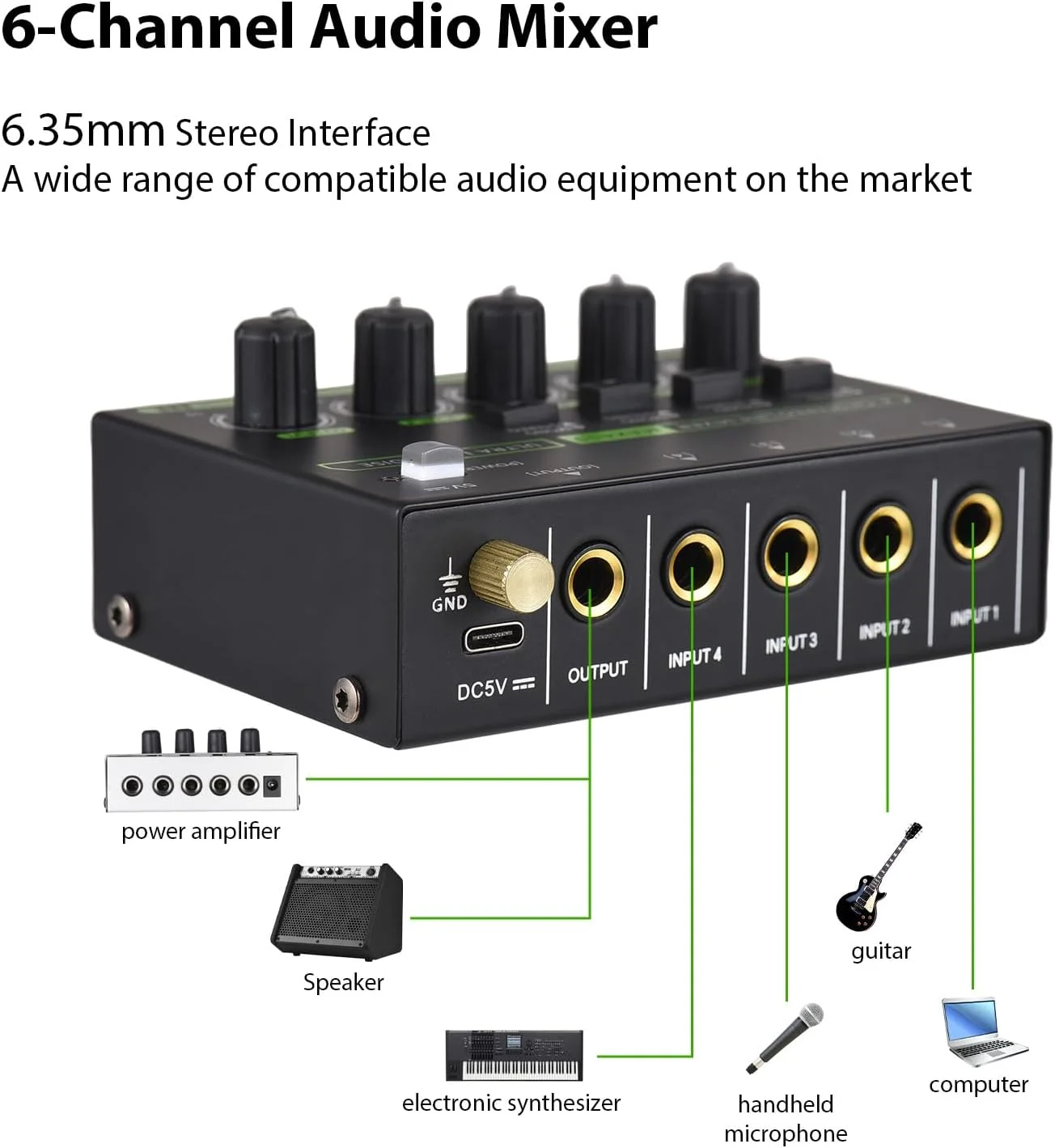 میکسر صوتی 4 کانال استریو مونو با سوئیچینگ 6.35 میلی‌متری TRS، ورودی Type C DC 5V، پردازنده با نویز فوق‌العاده کم به همراه دکمه تنظیم مستقل، بدنه فلزی برای گیتار، بیس و استیج