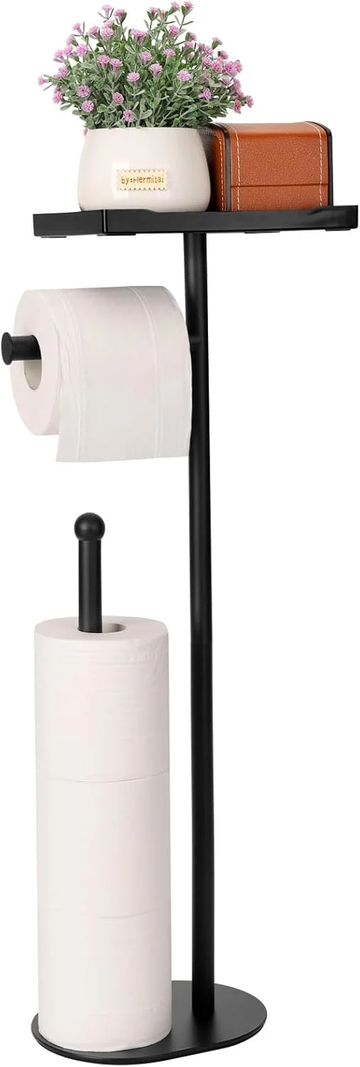 پایه نگهدارنده رول دستمال توالت ایستاده Kingmate با قفسه تلفن، ظرفیت 5 رول، نگهدارنده رول دستمال کاغذی مشکی برای حمام، به اندازه کافی محکم برای گلدان