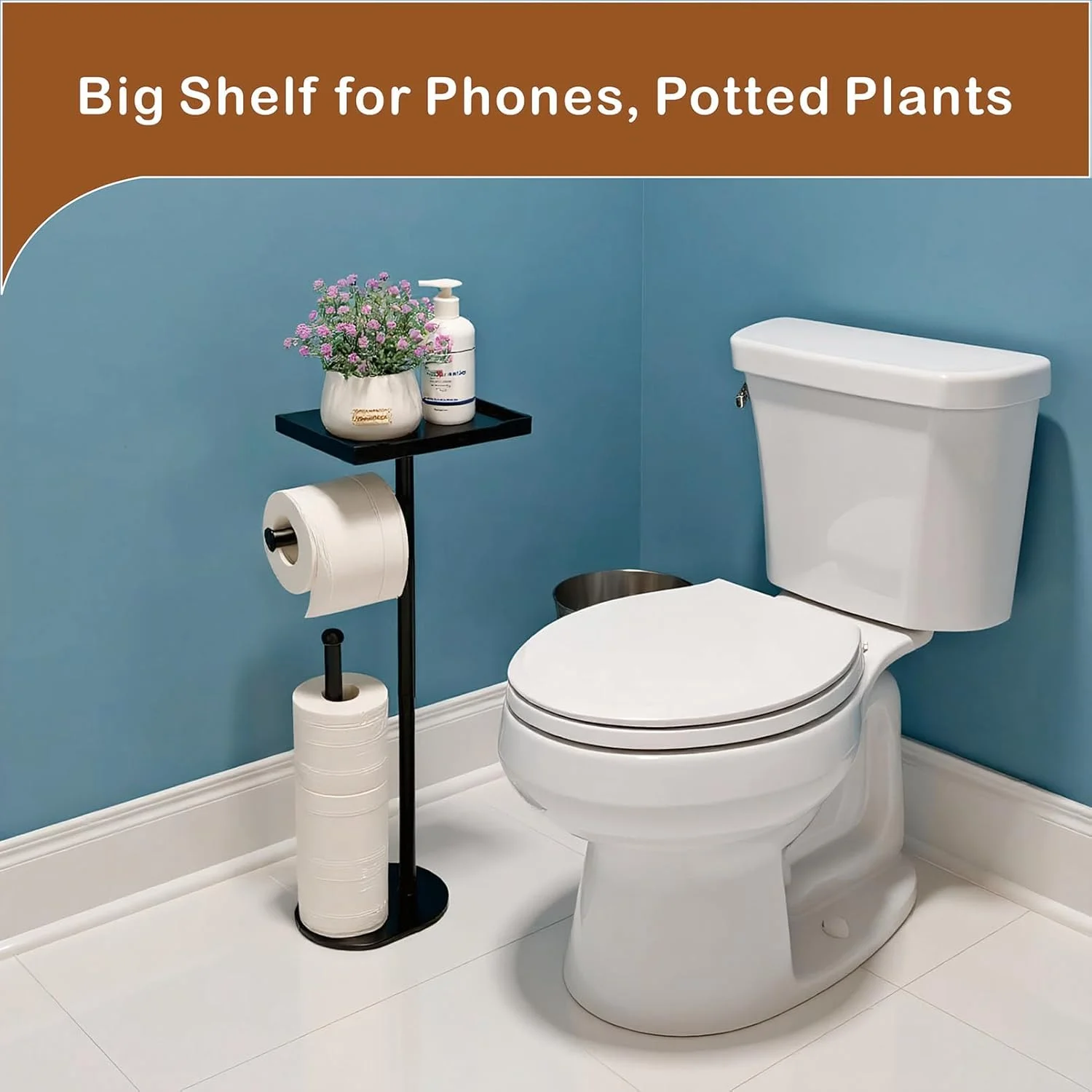 پایه نگهدارنده رول دستمال توالت ایستاده Kingmate با قفسه تلفن، ظرفیت 5 رول، نگهدارنده رول دستمال کاغذی مشکی برای حمام، به اندازه کافی محکم برای گلدان