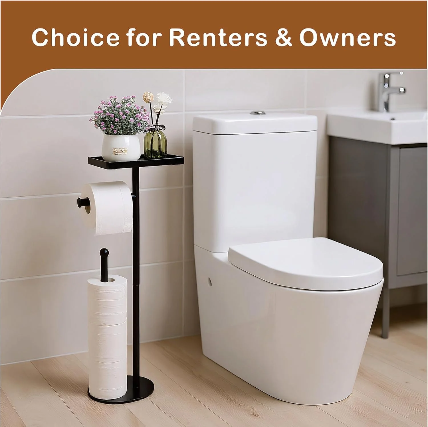 پایه نگهدارنده رول دستمال توالت ایستاده Kingmate با قفسه تلفن، ظرفیت 5 رول، نگهدارنده رول دستمال کاغذی مشکی برای حمام، به اندازه کافی محکم برای گلدان