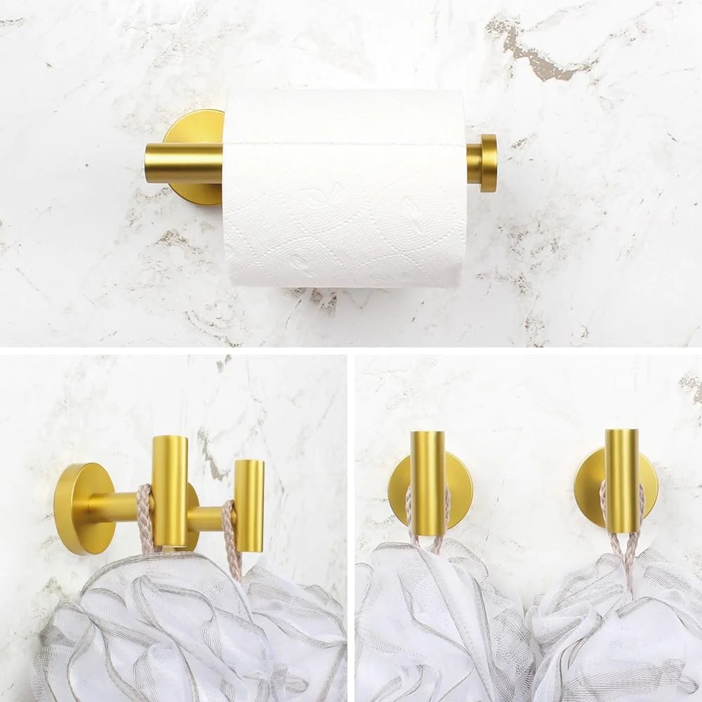 ست لوازم جانبی حمام کیمزکن 3 تکه طلایی استیل ضد زنگ نصب شده روی دیوار - شامل جا دستمال کاغذی توالت، 2 عدد قلاب حوله و لباس