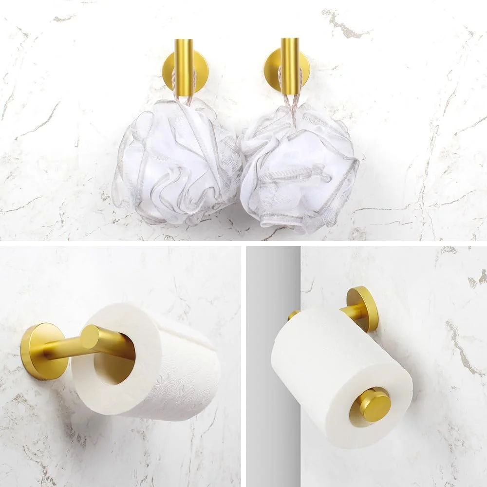 ست لوازم جانبی حمام کیمزکن 3 تکه طلایی استیل ضد زنگ نصب شده روی دیوار - شامل جا دستمال کاغذی توالت، 2 عدد قلاب حوله و لباس