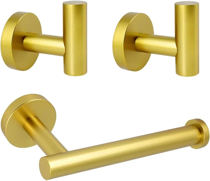 kimzcn 3-Pieces Bathroom Hardware Set Gold Stainless Steel Wall Mounted - includes Toilet Paper Holder, 2X Robe Towel Hooks