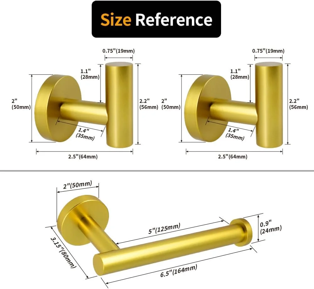 kimzcn 3-Pieces Bathroom Hardware Set Gold Stainless Steel Wall Mounted - includes Toilet Paper Holder, 2X Robe Towel Hooks kimzcn 3-Pieces Bathroom Hardware Set Gold Stainless Steel Wall Mounted - includes Toilet Paper Holder, 2X Robe Towel Hooks