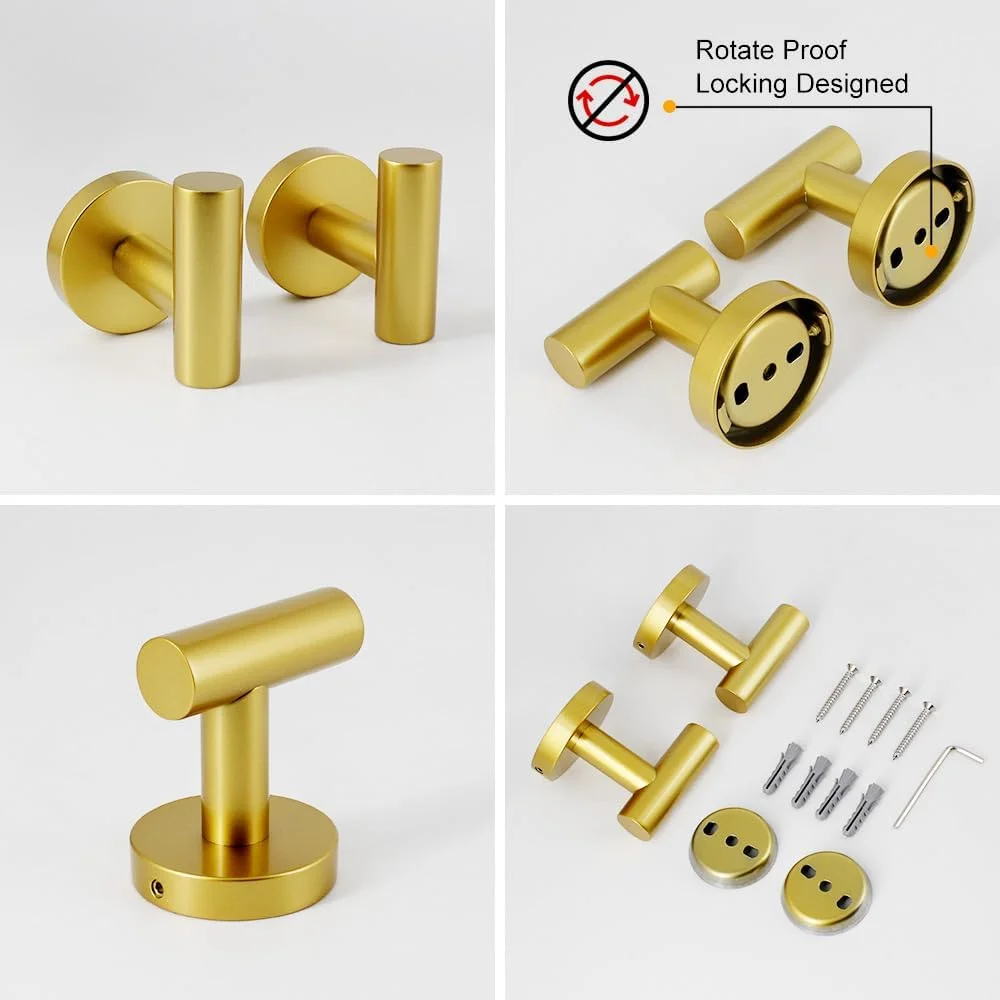 kimzcn 3-Pieces Bathroom Hardware Set Gold Stainless Steel Wall Mounted - includes Toilet Paper Holder, 2X Robe Towel Hooks kimzcn 3-Pieces Bathroom Hardware Set Gold Stainless Steel Wall Mounted - includes Toilet Paper Holder, 2X Robe Towel Hooks