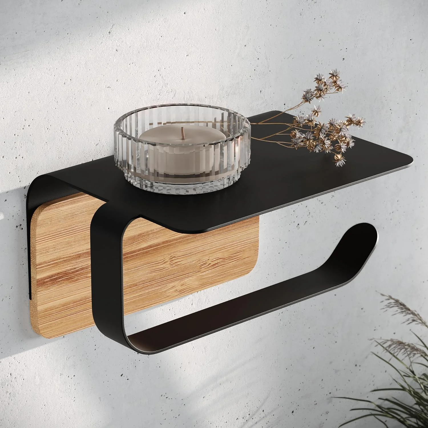 جا دستمال کاغذی توالت KAZAI.® مدل Leif با طراحی شلف، بدون نیاز به سوراخکاری (خود چسب)، ساخته شده از استیل ضد زنگ و چوب بامبو طبیعی، جا دستمال کاغذی / نگهدارنده رول برای حمام، مشکی مات