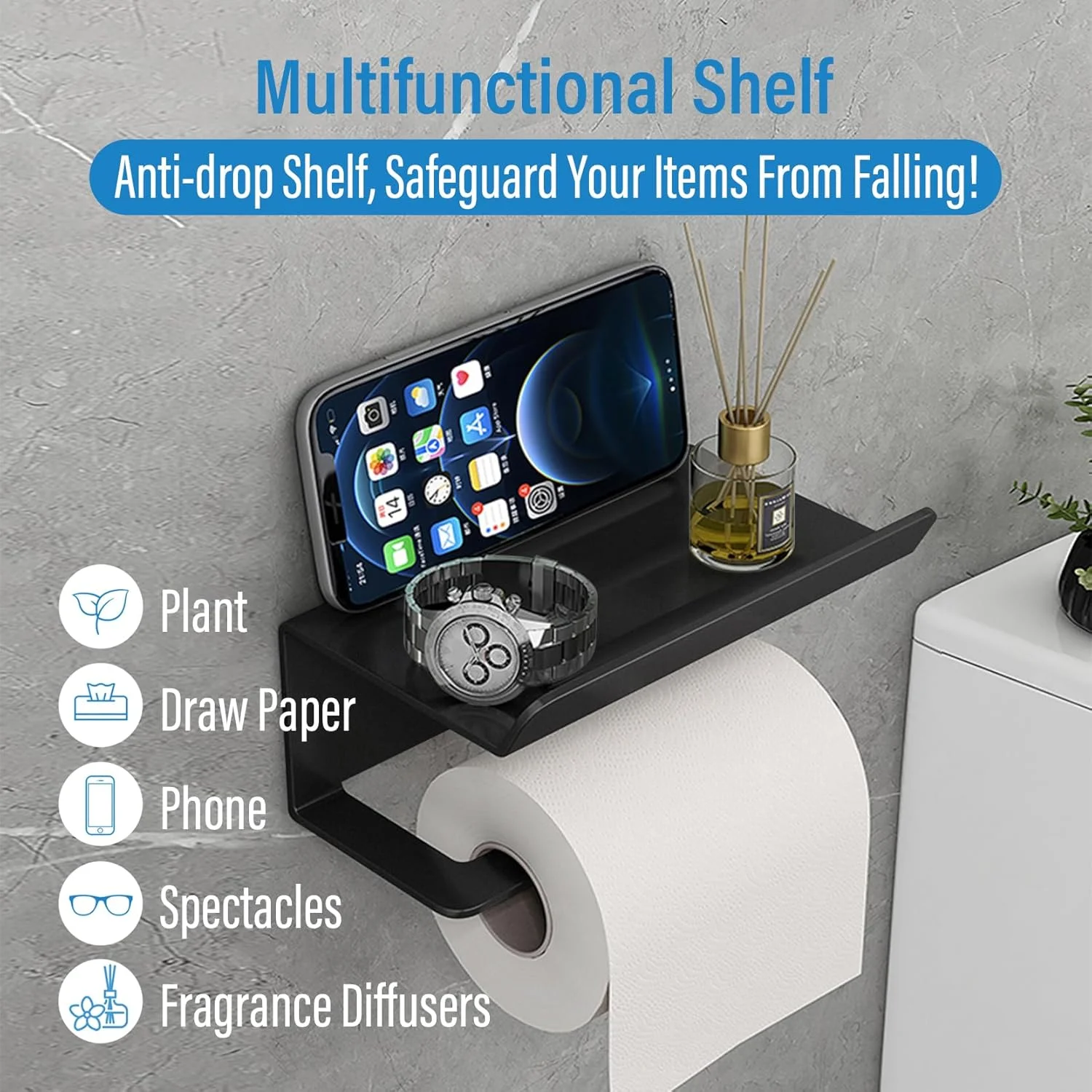 جا دستمال توالت دیواری Keinlan، جا کاغذی توالت با قفسه، جا دستمال توالت مشکی مات با قفسه تلفن، جا دستمال کاغذی توالت با قفسه، لوازم جانبی آشپزخانه حمام - مشکی