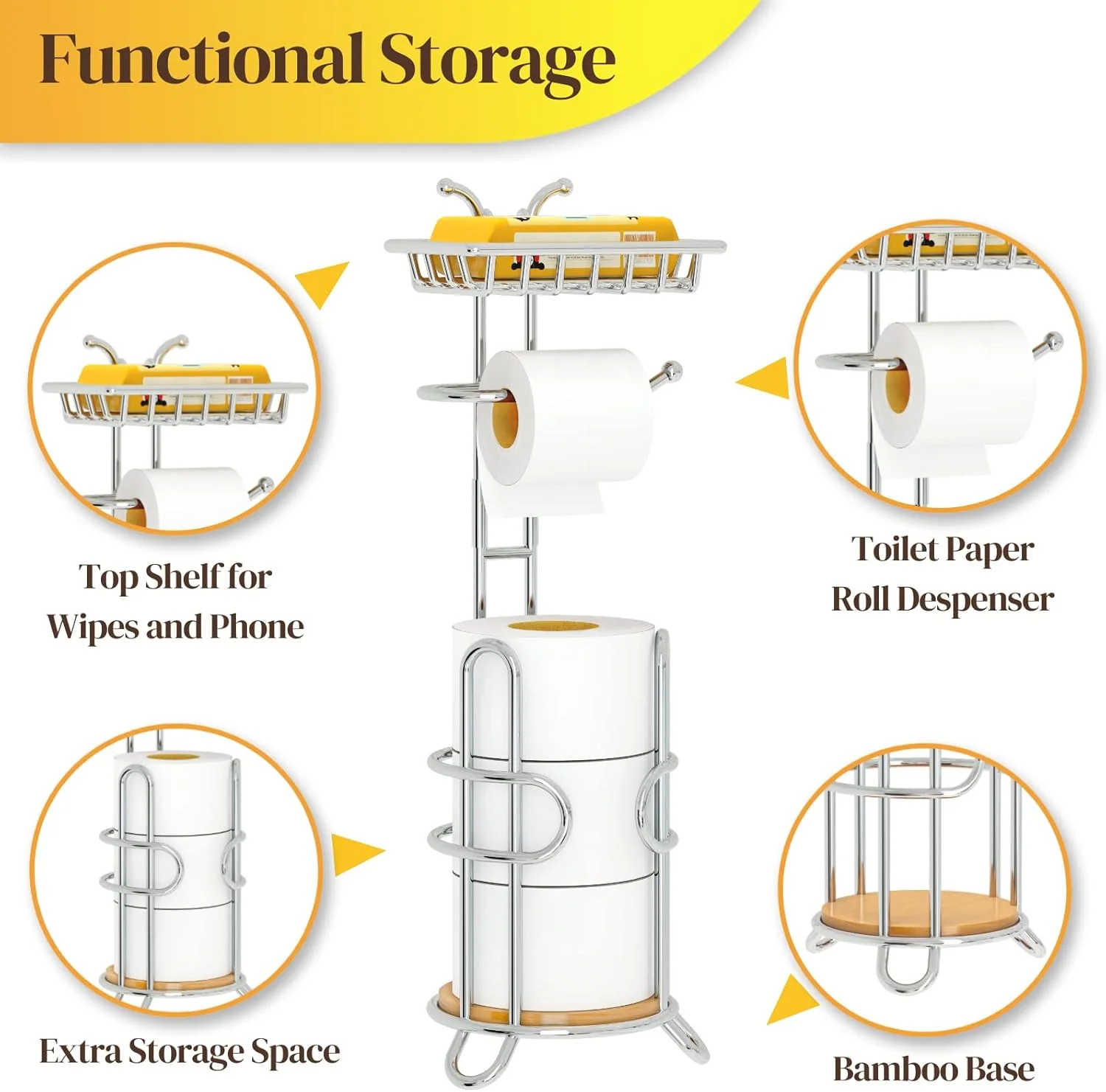 جا دستمال توالت ایستاده KeFanta، نگهدارنده رول دستمال توالت با قفسه و فضای ذخیره سازی، نگهدارنده دستمال کاغذی ایستاده برای حمام، کروم جا دستمال توالت ایستاده KeFanta، نگهدارنده رول دستمال توالت با قفسه و فضای ذخیره سازی، نگهدارنده دستمال کاغذی ایستاده برای حمام، کروم