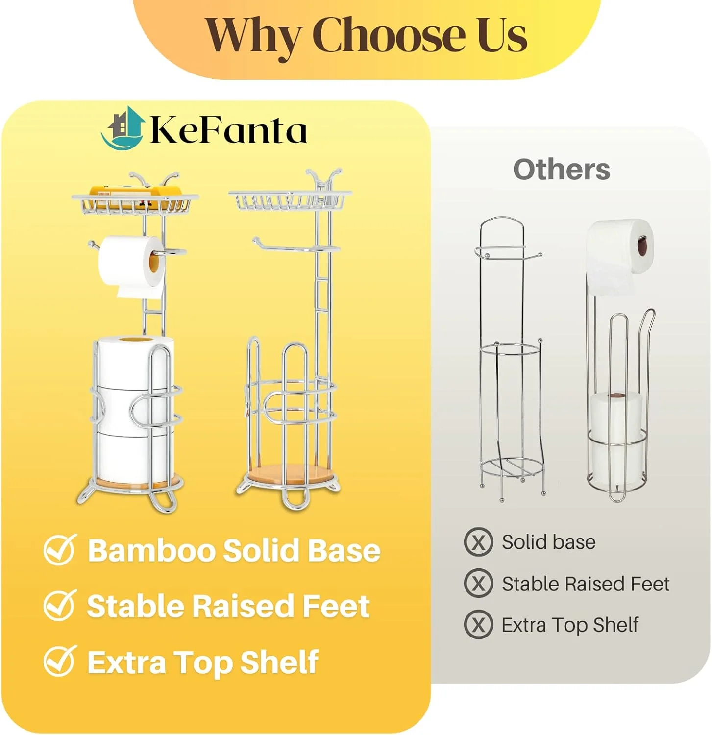 جا دستمال توالت ایستاده KeFanta، نگهدارنده رول دستمال توالت با قفسه و فضای ذخیره سازی، نگهدارنده دستمال کاغذی ایستاده برای حمام، کروم جا دستمال توالت ایستاده KeFanta، نگهدارنده رول دستمال توالت با قفسه و فضای ذخیره سازی، نگهدارنده دستمال کاغذی ایستاده برای حمام، کروم