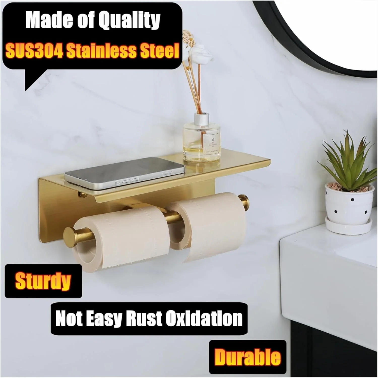 جا دستمال کاغذی توالت دوقلو شیک KASTWAVE با رنگ طلایی مات، ساخته شده از استیل ضد زنگ بادوام SUS304، نصب آسان با چسب یا نصب دیواری برای نگهداری لوازم حمام