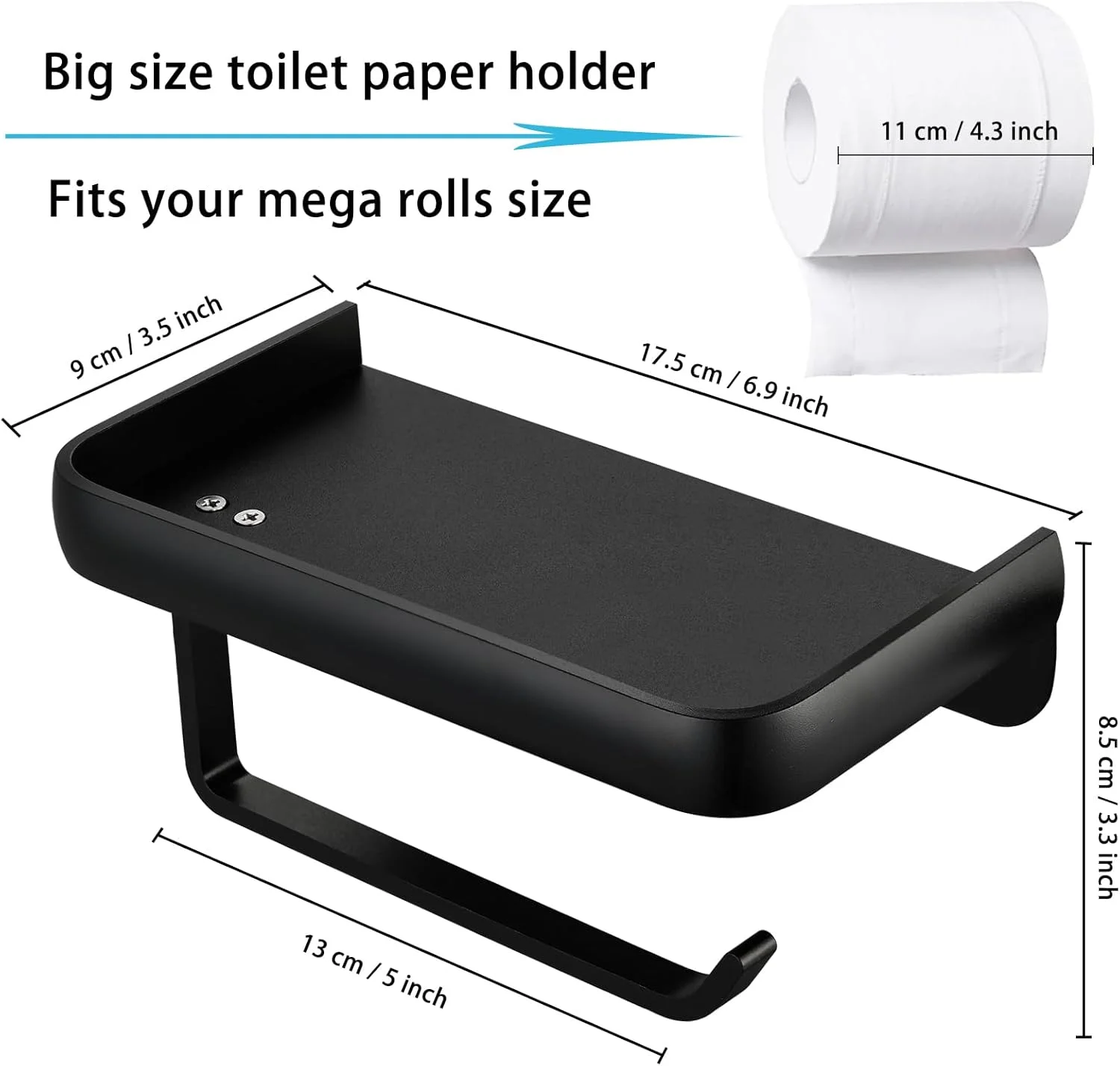 نگهدارنده دستمال توالت Katezon با قفسه تلفن، نصب دیواری چسبی یا پیچی، پخش کننده ذخیره سازی آلومینیومی ضد زنگ و چند منظوره حمام (مشکی)