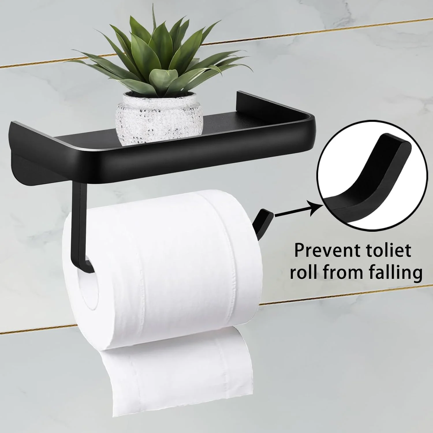 نگهدارنده دستمال توالت Katezon با قفسه تلفن، نصب دیواری چسبی یا پیچی، پخش کننده ذخیره سازی آلومینیومی ضد زنگ و چند منظوره حمام (مشکی)