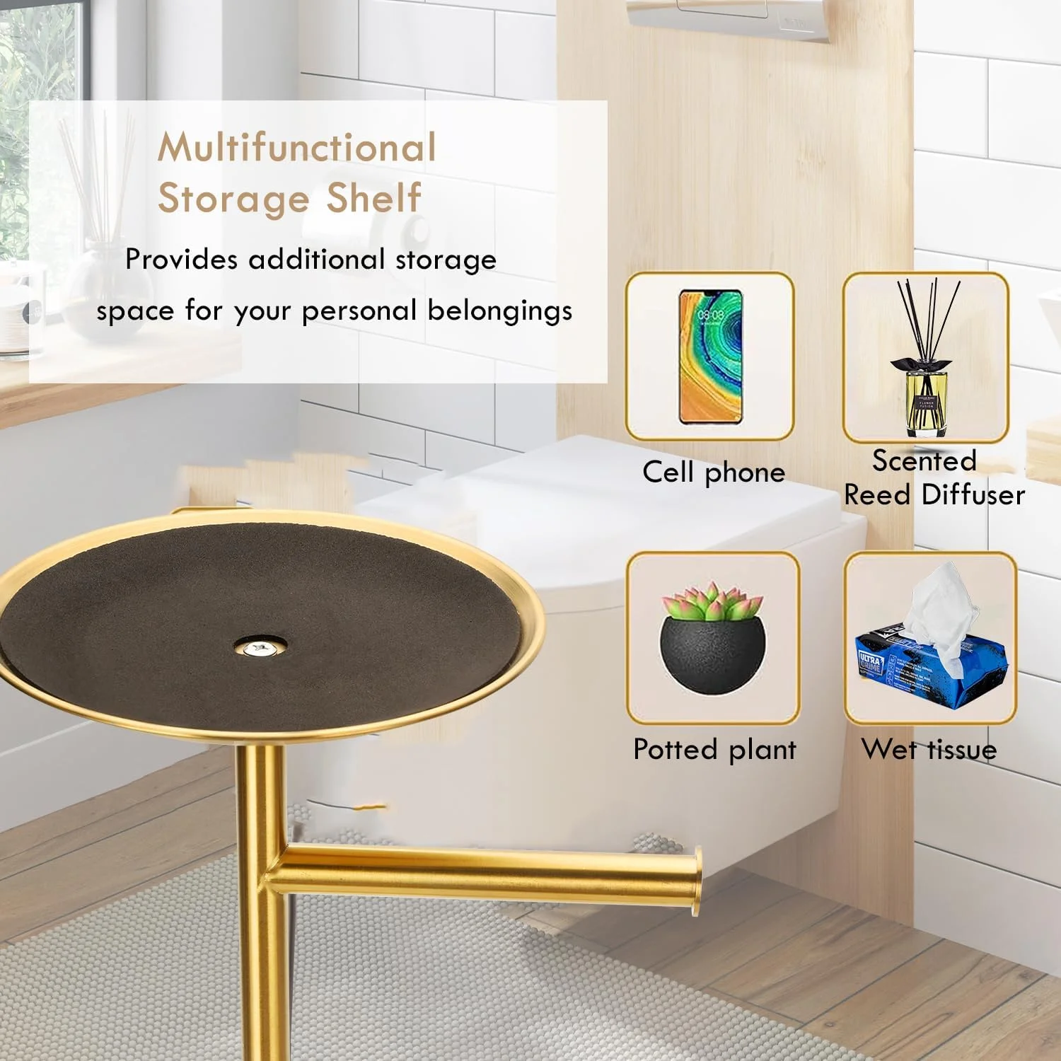 جا دستمال توالت ایستاده کالیترو با قفسه بزرگ، نگهدارنده 4 رول دستمال کاغذی، جا رولی دستمال کاغذی مدرن با فضای ذخیره سازی برای تلفن (طلایی)