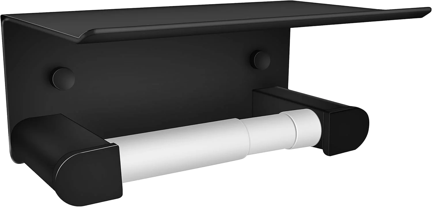 جا دستمال کاغذی توالت D&Joy، مشکی مات، چسبی یا پیچ دار، نگهدارنده دستمال کاغذی دیواری با قفسه، نگهدارنده رول توالت آلومینیومی با غلتک فنری برای آشپزخانه حمام