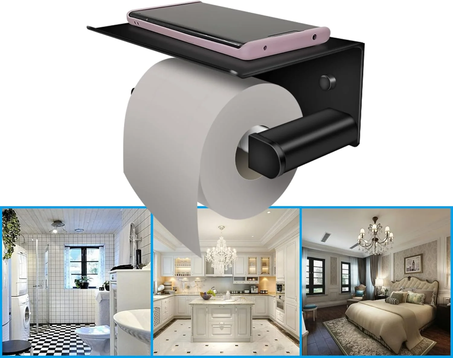 جا دستمال کاغذی توالت D&Joy، مشکی مات، چسبی یا پیچ دار، نگهدارنده دستمال کاغذی دیواری با قفسه، نگهدارنده رول توالت آلومینیومی با غلتک فنری برای آشپزخانه حمام