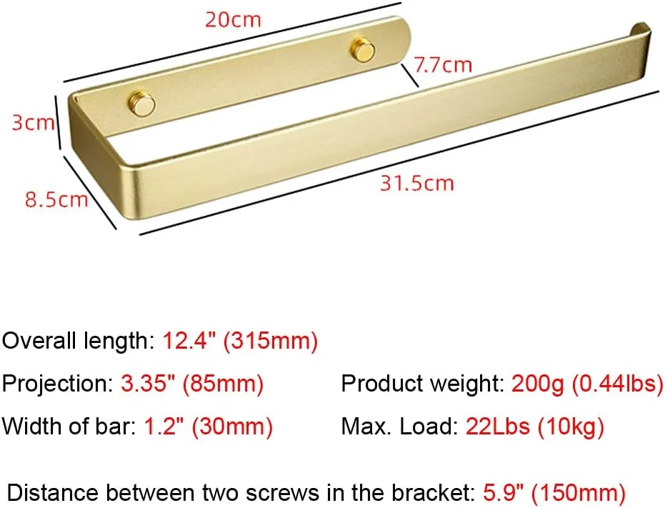 جا حوله ای دستمال کاغذی 30 سانتی متری JOMIHONEY، نگهدارنده رول دستمال کاغذی سنگین، لوازم جانبی سخت افزاری آلومینیومی طلایی نصب شده روی دیوار برای کابینت آشپزخانه اتاق خواب حمام