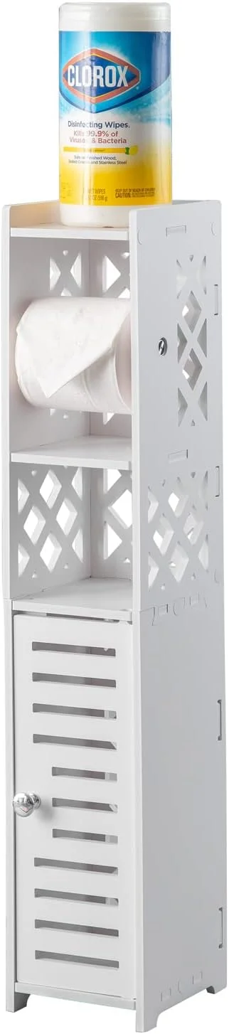 جای دستمال توالت ایستاده J JINXIAMU، نگهدارنده دستمال توالت پشت توالت برای حمام کوچک، پایه حمام با درج نگهدارنده دستمال توالت، کابینت باریک برای فضای کوچک، سفید