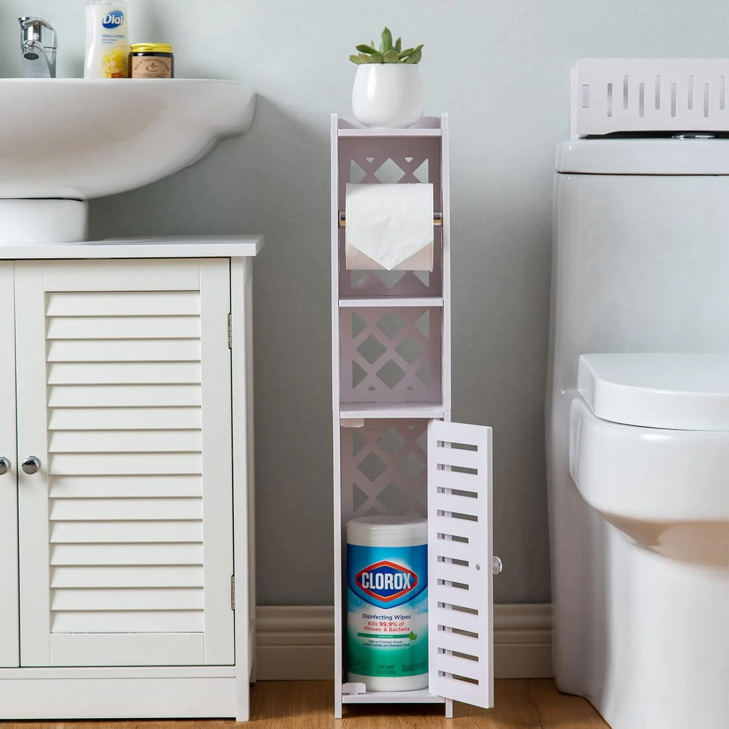 جای دستمال توالت ایستاده J JINXIAMU، نگهدارنده دستمال توالت پشت توالت برای حمام کوچک، پایه حمام با درج نگهدارنده دستمال توالت، کابینت باریک برای فضای کوچک، سفید