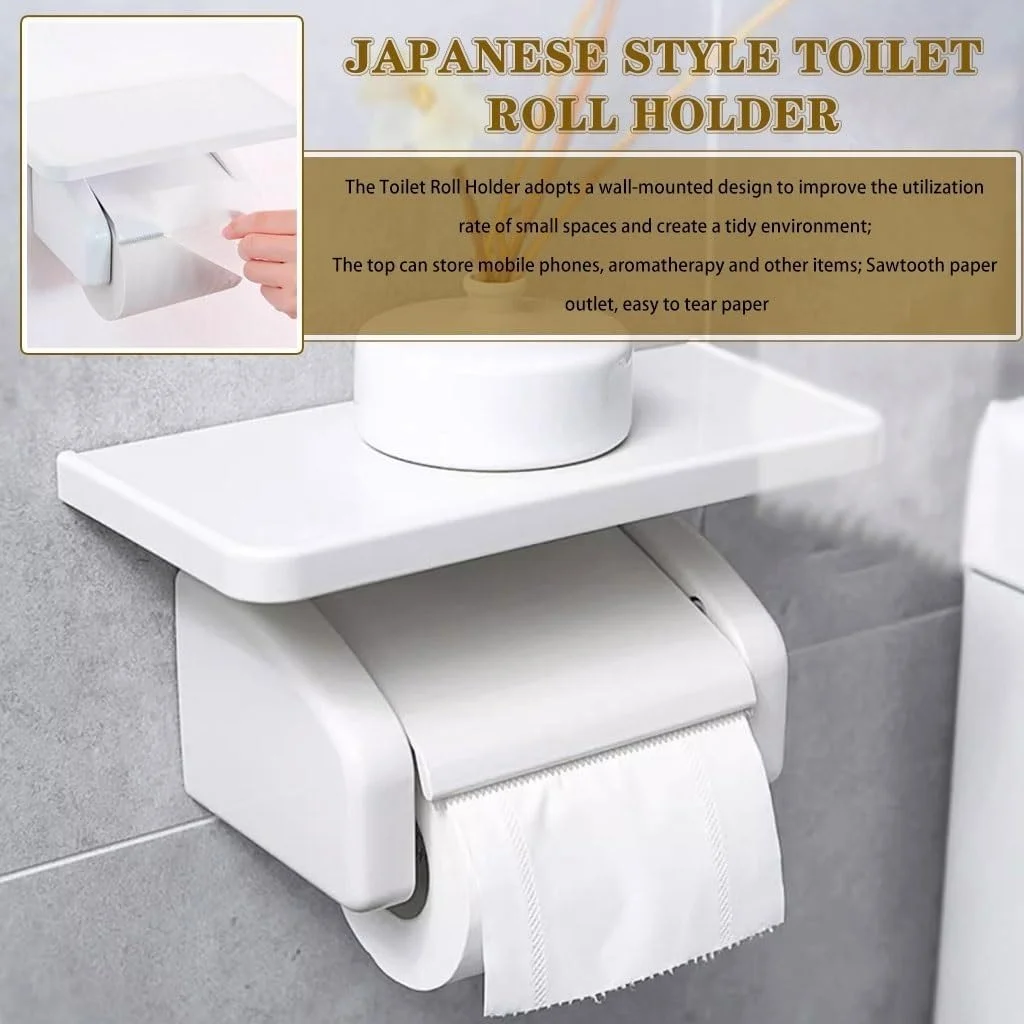 جا دستمال کاغذی توالت سفید ژاپنی، جا دستمال کاغذی توالت با محفظه نگهداری، جا کاغذی رولی کاربردی هتلی، پخش کننده دستمال کاغذی توالت چسبی، طراحی بدون نیاز به سوراخ کاری