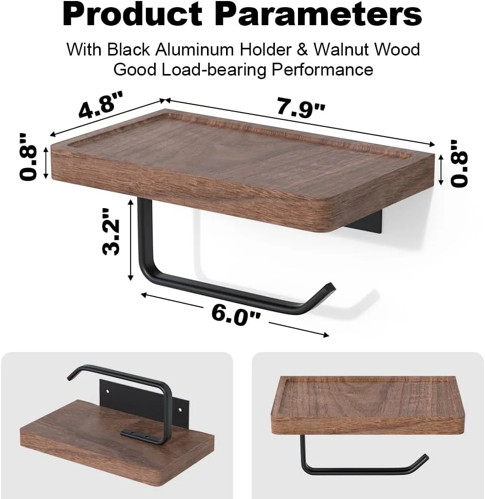 نگهدارنده کاغذ توالت IURRDOP با قفسه چوبی گردوی سیاه، نصب دیواری و چسبی، قفسه چوبی برای آویزان کردن دستمال کاغذی رولی، قرار دادن تلفن، رایحه درمانی برای حمام، دستشویی