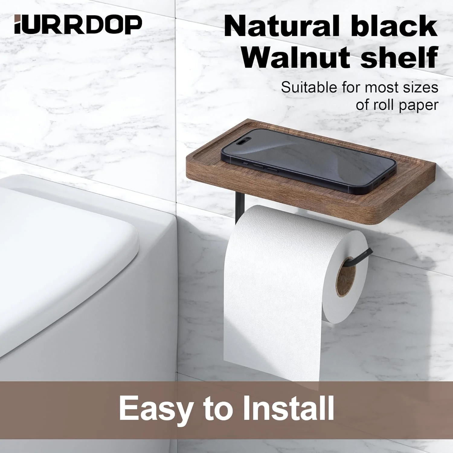 نگهدارنده کاغذ توالت IURRDOP با قفسه چوبی گردوی سیاه، نصب دیواری و چسبی، قفسه چوبی برای آویزان کردن دستمال کاغذی رولی، قرار دادن تلفن، رایحه درمانی برای حمام، دستشویی