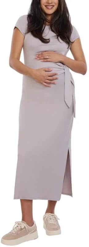 لباس بارداری زنانه Motherhood، آستین کوتاه، یقه گرد، با جزئیات گره جانبی، مدل میدی و غیر رسمی