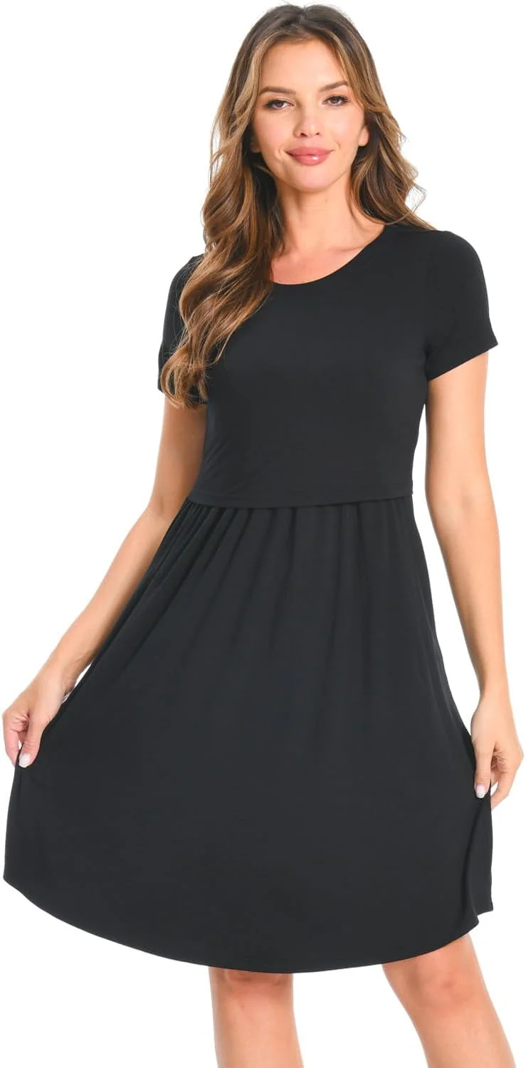 DDLUYY لباس بارداری آستین کوتاه زنانه، لباس شیردهی با جیب