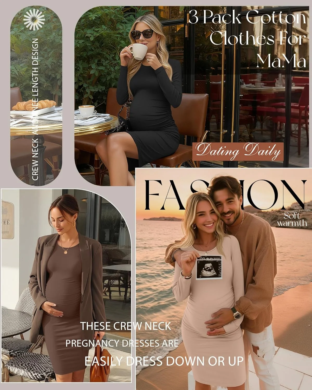 لباس بارداری زنانه Riyiper، بسته 3 عددی، لباس نخی یقه گرد بارداری طرح دار، مناسب برای فصل زمستان