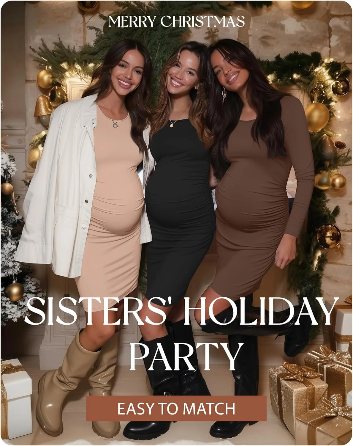 لباس بارداری زنانه Riyiper، بسته 3 عددی، لباس نخی یقه گرد بارداری طرح دار، مناسب برای فصل زمستان