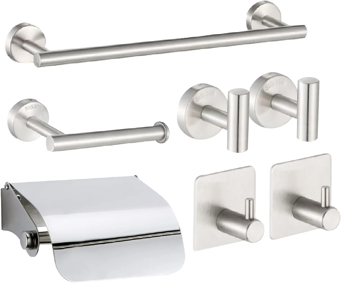 ست لوازم جانبی حمام ایرووامی 7 تکه شامل میله حوله، جا دستمال کاغذی، 4 عدد قلاب، استیل ضد زنگ، نصب دیواری با دریل، جا حوله ای، قفسه دستمال کاغذی با روکش و قلاب