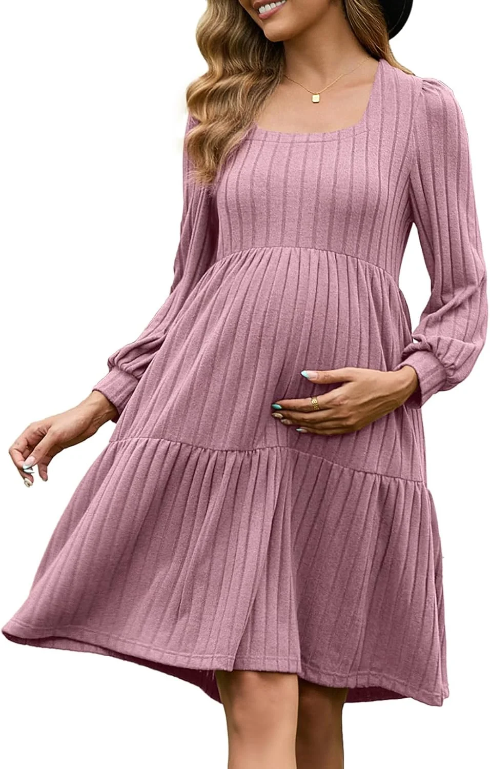 لباس بارداری بافتنی زنانه GINKANA، یقه مربعی، آستین بلند، پاییزه، غیر رسمی، مدل عروسکی، دارای جیب