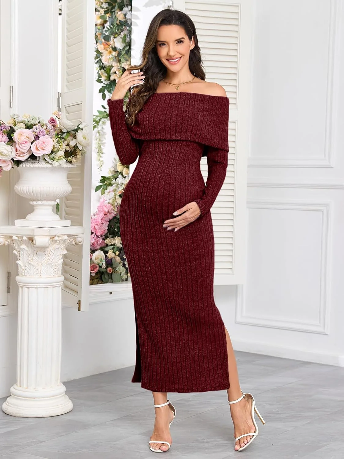 لباس بارداری یقه باز CYCLAMEN، بافتنی دنده ای، آستین بلند، دارای چاک در پهلو، مناسب برای دوران بارداری و مهمانی تعیین جنسیت