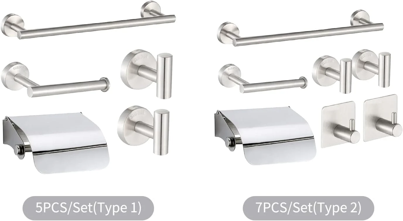 ست لوازم جانبی حمام ایرووامی 7 تکه شامل میله حوله، جا دستمال کاغذی، 4 عدد قلاب، استیل ضد زنگ، نصب دیواری با دریل، جا حوله ای، قفسه دستمال کاغذی با روکش و قلاب
