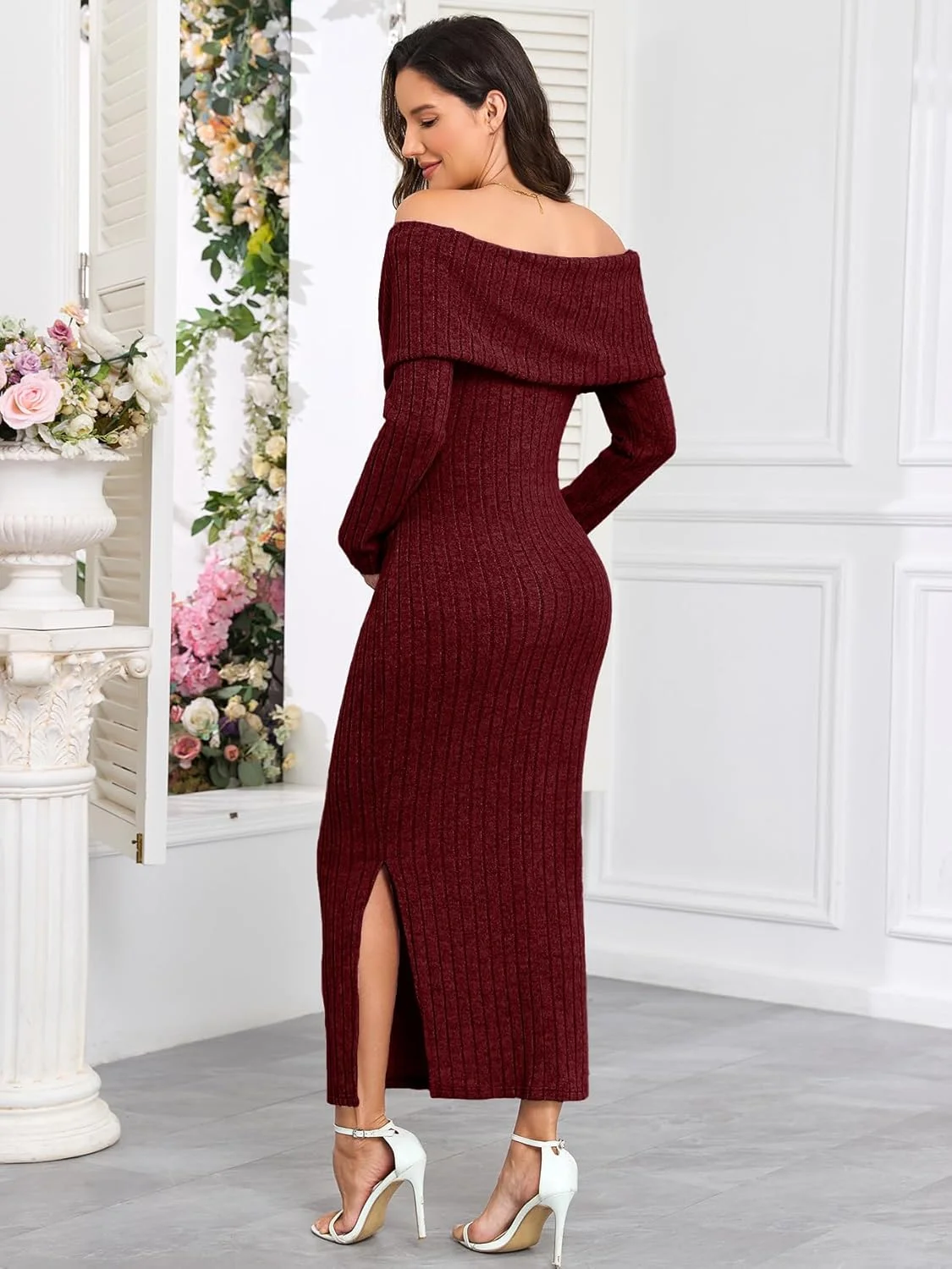 لباس بارداری یقه باز CYCLAMEN، بافتنی دنده ای، آستین بلند، دارای چاک در پهلو، مناسب برای دوران بارداری و مهمانی تعیین جنسیت