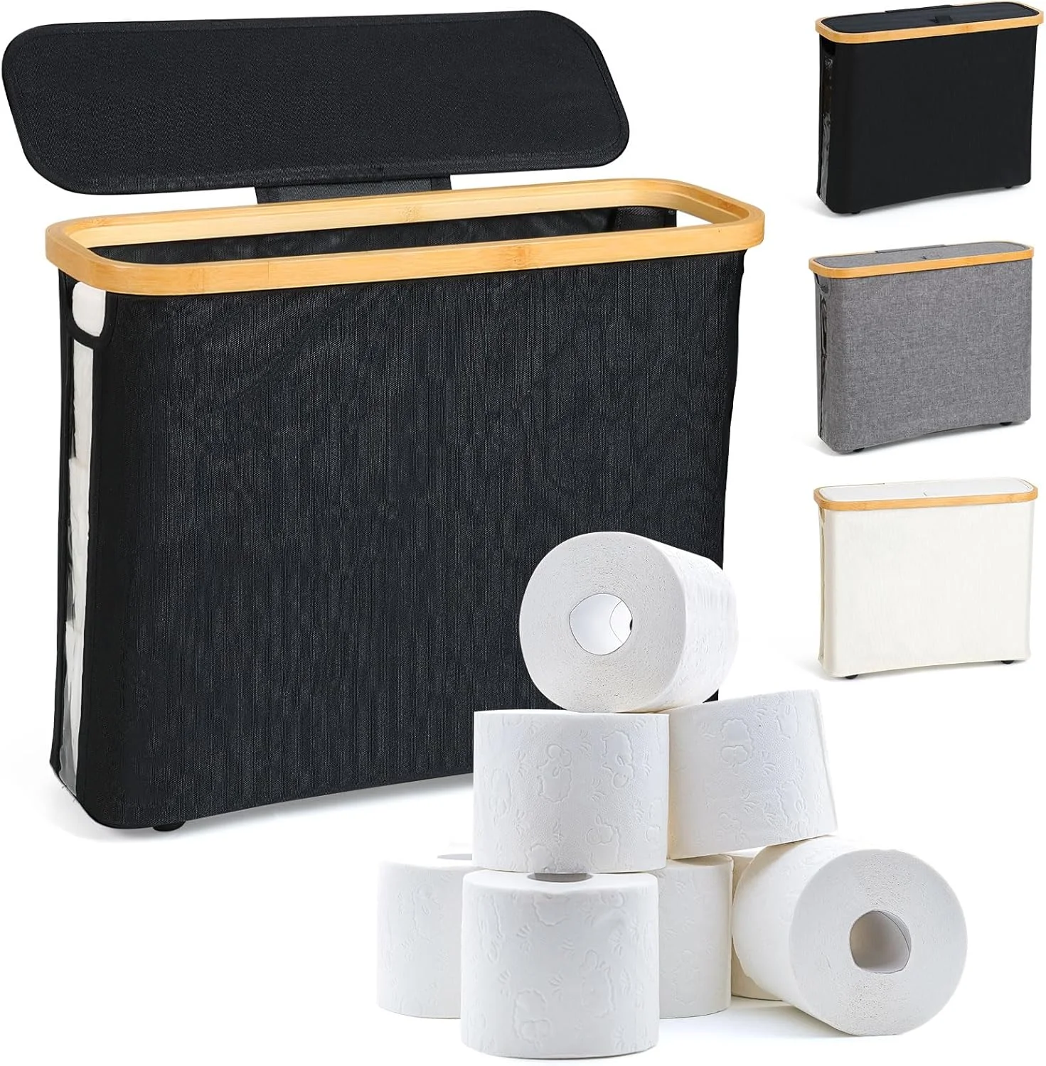 سبد نگهداری دستمال توالت INNOLIFE با درب برای حمام، ظرفیت 9 تا 12 رول، جا دستمال کاغذی ایستاده، سازمان دهنده حمام، کیف نگهداری تاشو (مشکی)