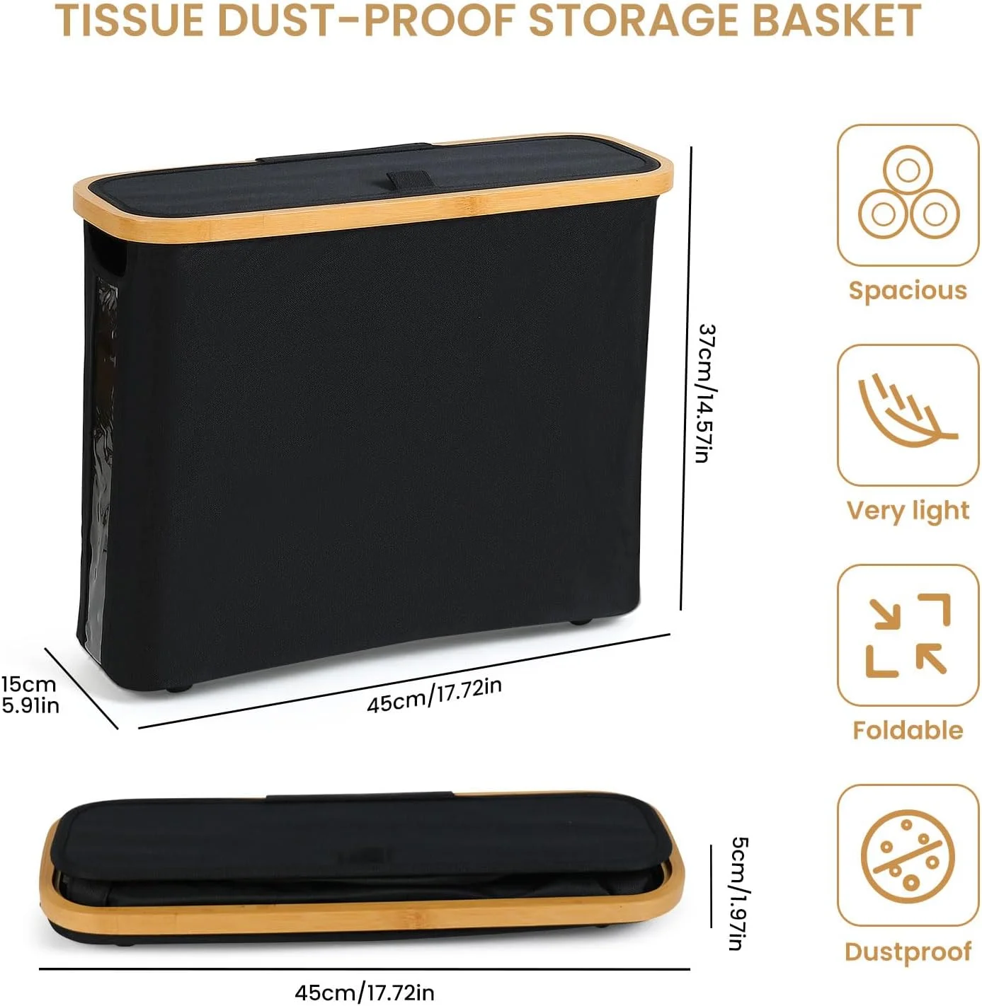 سبد نگهداری دستمال توالت INNOLIFE با درب برای حمام، ظرفیت 9 تا 12 رول، جا دستمال کاغذی ایستاده، سازمان دهنده حمام، کیف نگهداری تاشو (مشکی)