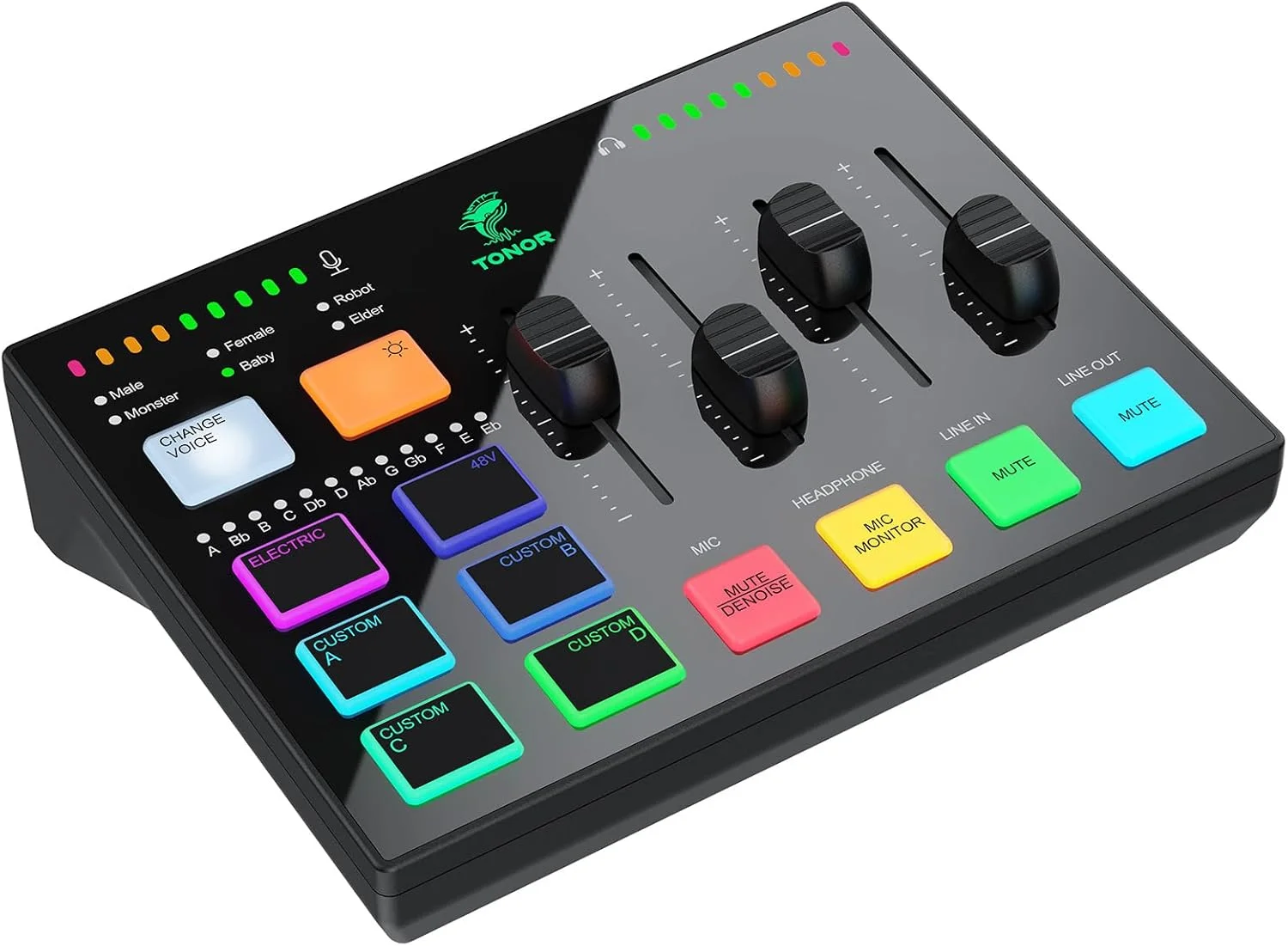 کارت صدای گیمینگ TONOR مدل TX310، میکسر صوتی RGB با پری امپ حرفه ای، کانال های 6.5 میلی متری و XLR، پشتیبانی از ورودی ساز، کنترل های مستقل صدا، مناسب برای بازی، پخش زنده و تولید محتوا کارت صدای گیمینگ TONOR مدل TX310، میکسر صوتی RGB با پری امپ حرفه ای، کانال های 6.5 میلی متری و XLR، پشتیبانی از ورودی ساز، کنترل های مستقل صدا، مناسب برای بازی، پخش زنده و تولید محتوا